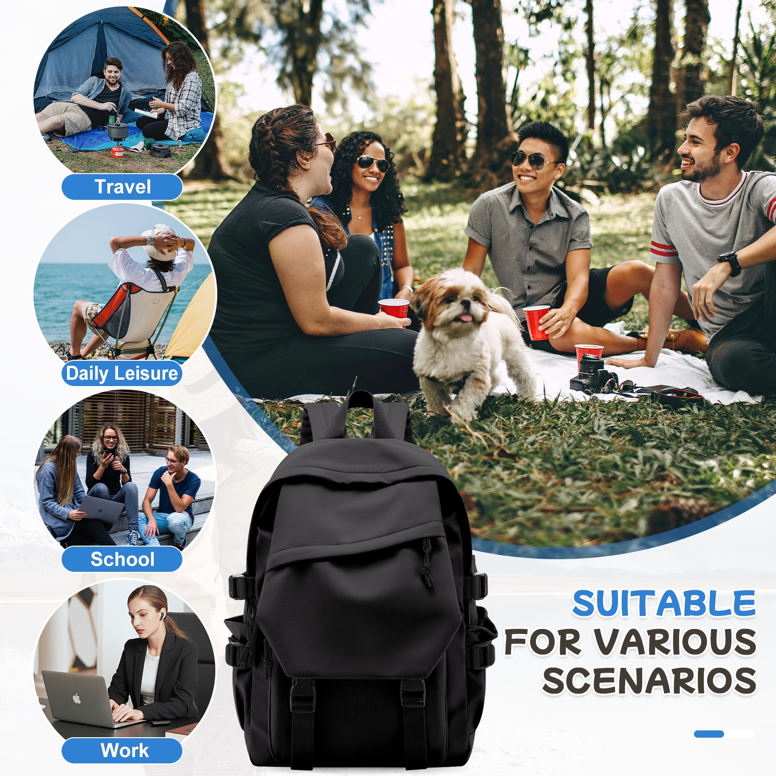 SYCNB School Backpack for Men Women College Bookbag Waterproof Lightweight Black Backpack Mochilas Book Bag Rucksack Casual Daypack School Bag for Students