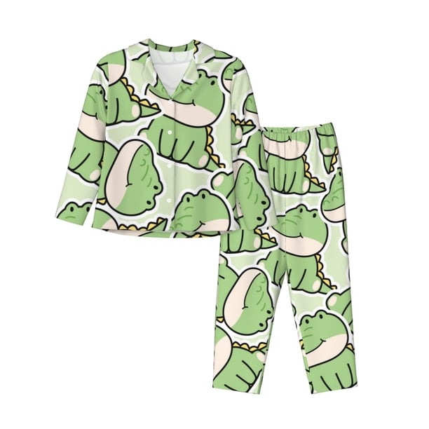 Balery Cute Crocodile Conjunto de Pijama con Estampado para Mujer, Conjunto de Dos Piezas con Manga Larga, Ropa de Dormir Suave con Bolsillos, Pijamas Cómodos-Large