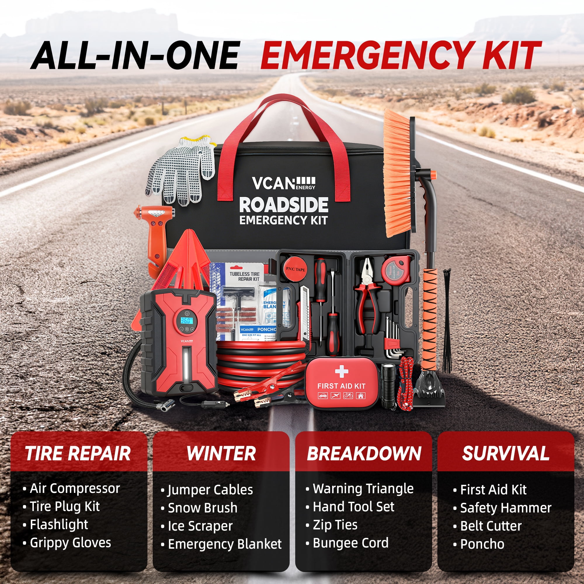VCANENERGY Car Emergency Roadside Kit with Air Compressor, Jumper Cables, First Aid Kit, Snow Brush, Ice Scraper, Winter Vehicle Safety Kit