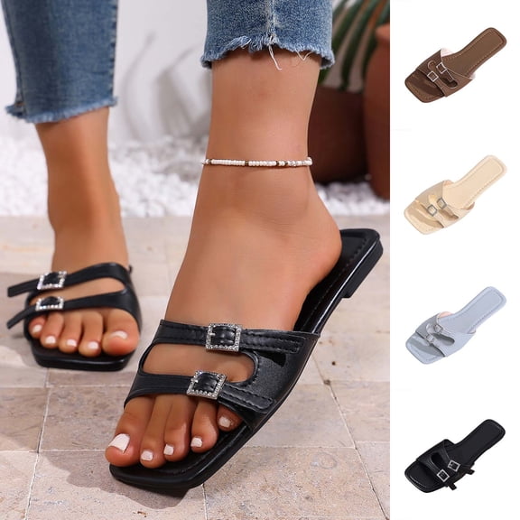 GERsome Women's Flat Sandals Square Open Toe Slip-On with Buckle Summer Beach Slides for Outdoor Wear Black Size 5.5