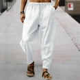 thumbnail image 1 of Pants Man White Linnen Solid Stripes Straight Casual Trousers Solid Color Drawstring Loose Dry Gym Sports Sweatpants, 1 of 5