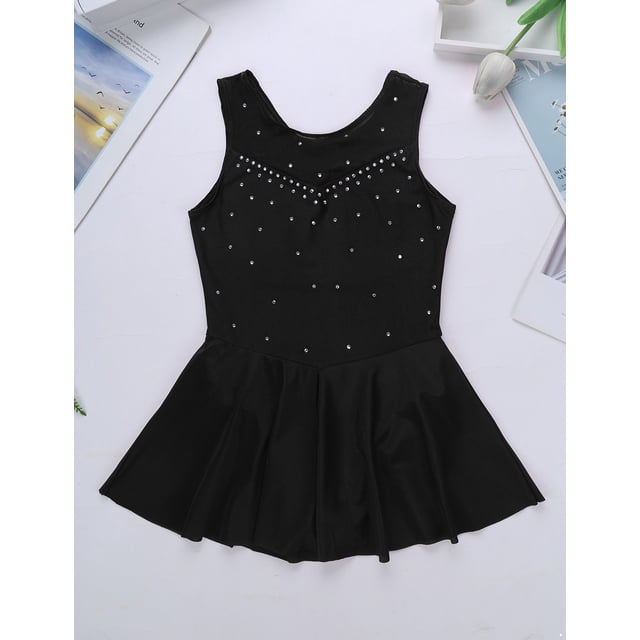 Yeahdor Robe de Patinage Sans Manches en Strass pour Filles Enfants Robe de Danse Ballet Jupe de Gym Noire 12