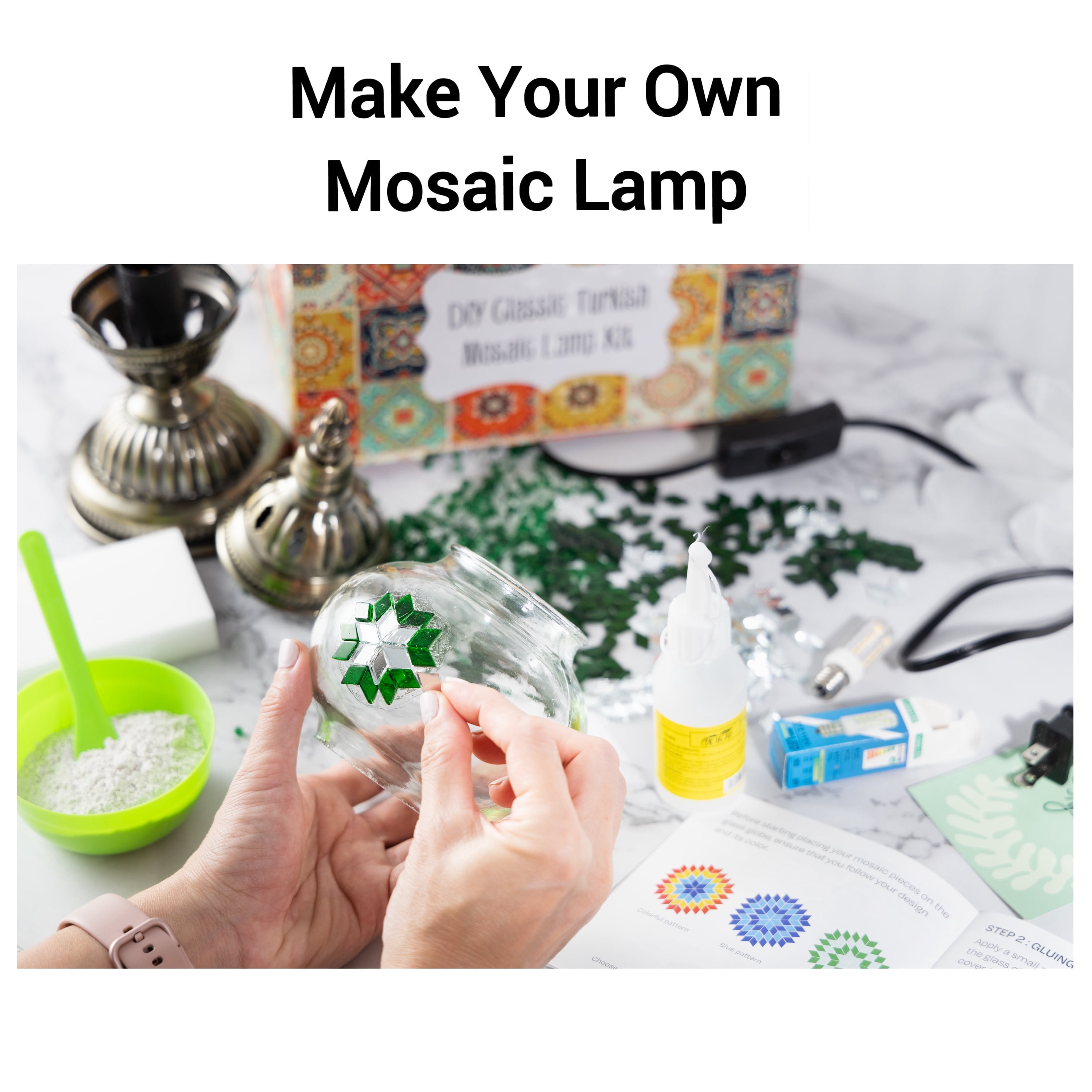KRAFTSTORIES Turkish Mosaic Lamp Kit DIY Glass Decorative Table Bedside Night Light Tabletop for Living Room Bedroom | Make Your Own Lamp | Antique Bronze Base (Green)