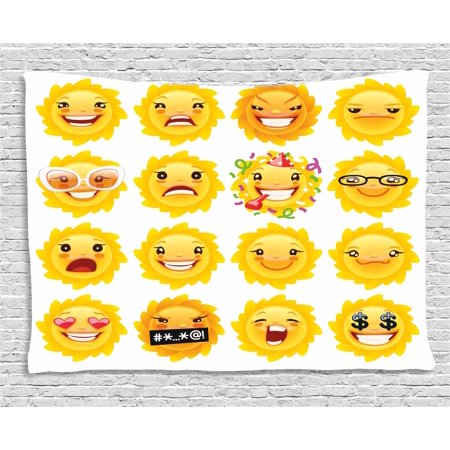 Sun Face Wall Decor Emoji Tapestry, Smiley Surprised Sad Hot Happy Sarcastic Angry Mood Sun like Faces Plain Backdrop Print, Wall Hanging for Bedroom Living Room Dorm Decor, 60W X 40L Inches, Yelow, by Ambesonne ()