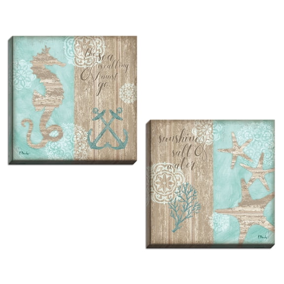Gango Home Decor Teal and Brown Nautical Inspirational Coastal Adult Square Art; 2- 16" x 16"  Canvases