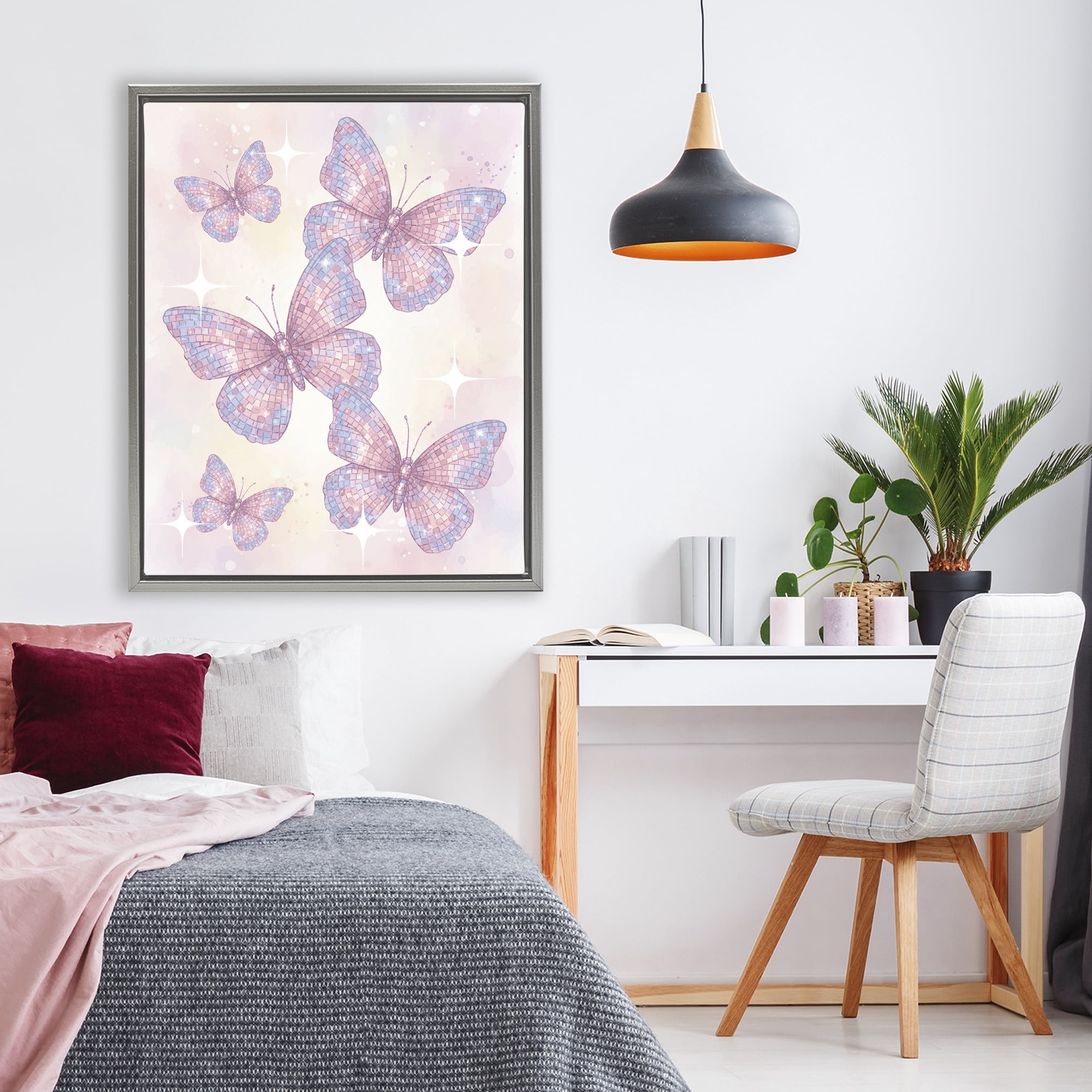 Stupell Industries Delicate Disco Butterfly Dance Gray Framed Floater Canvas Wall Art, design by Lil' Rue