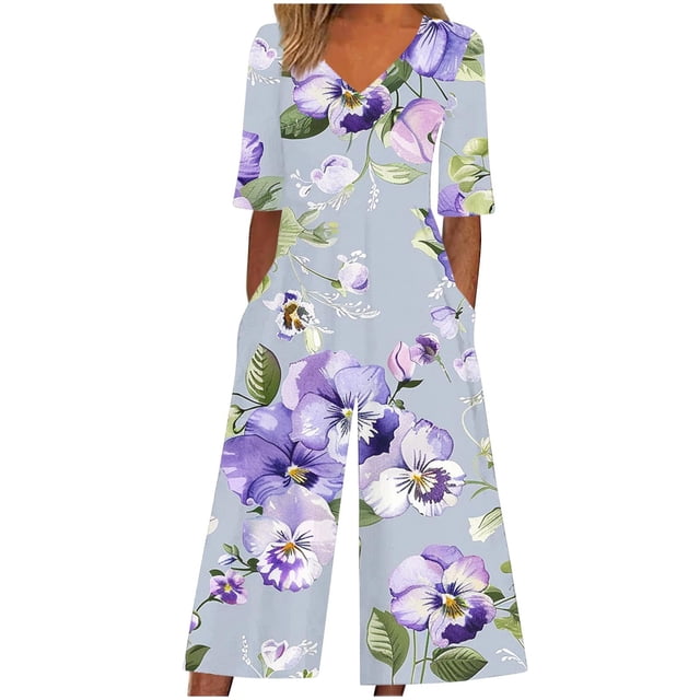 Pantalones de Vestido Casual para las Mujeres Impresión Floral Manga Corta con Cuello en V Cremallera Lateral Bolsillo Pantalones de Sudadera para Primavera Verano