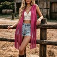 thumbnail image 6 of Women's Faux Suede Fringe Vest Sleeveless Open Front Long Tassel Trim Waistcoat Boho Cowgirl Western Summer Beach Festival Party Gilet Outerwear Hot Pink, 6 of 6