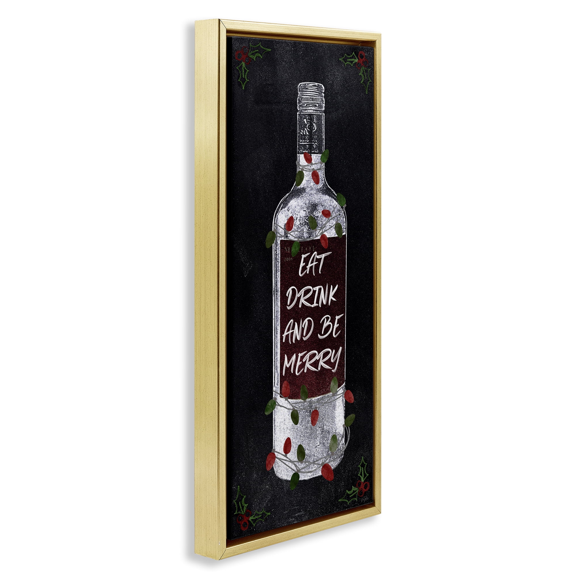 Stupell Industries Eat Drink Be Merry Holiday Painting Gold Floater Framed Canvas Art Prints Wall Art, 15 x 31
