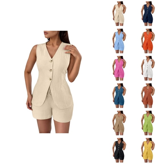 Short Sets for Women Sleeveless Tie Back V Neck Button Cardigan Vest and Shorts 2 Piece Matching Set Work Sets