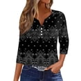 thumbnail image 1 of Mujer Camiseta Camiseta Estampado Botón Manga 3/4 Diario Fin de Semana Moda Básico Cuello en V Regular Top Negro/L, 1 of 5