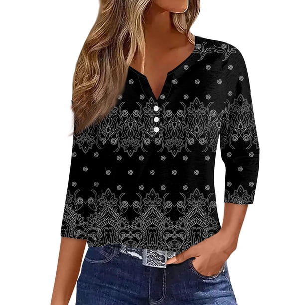 Camiseta para Mujer Camiseta Estampada Botón Manga 3/4 Diario Fin de Semana Moda Básica Cuello en V Regular Top Negro/2XL