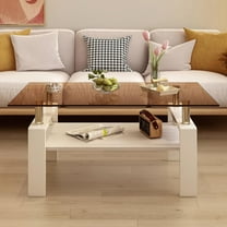 Holaki Rectangle Glass Coffee Table, Modern Tempered Glass Center Table with MDF Lower Shelf for Living Room, Brown & White