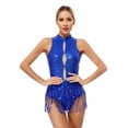 thumbnail image 2 of Doomiva Women's Shiny Sequins Tassel Latin Jazz Dance Leotard Bodysuit Sleeveless Backless Dance Dress Royal Blue L, 2 of 7
