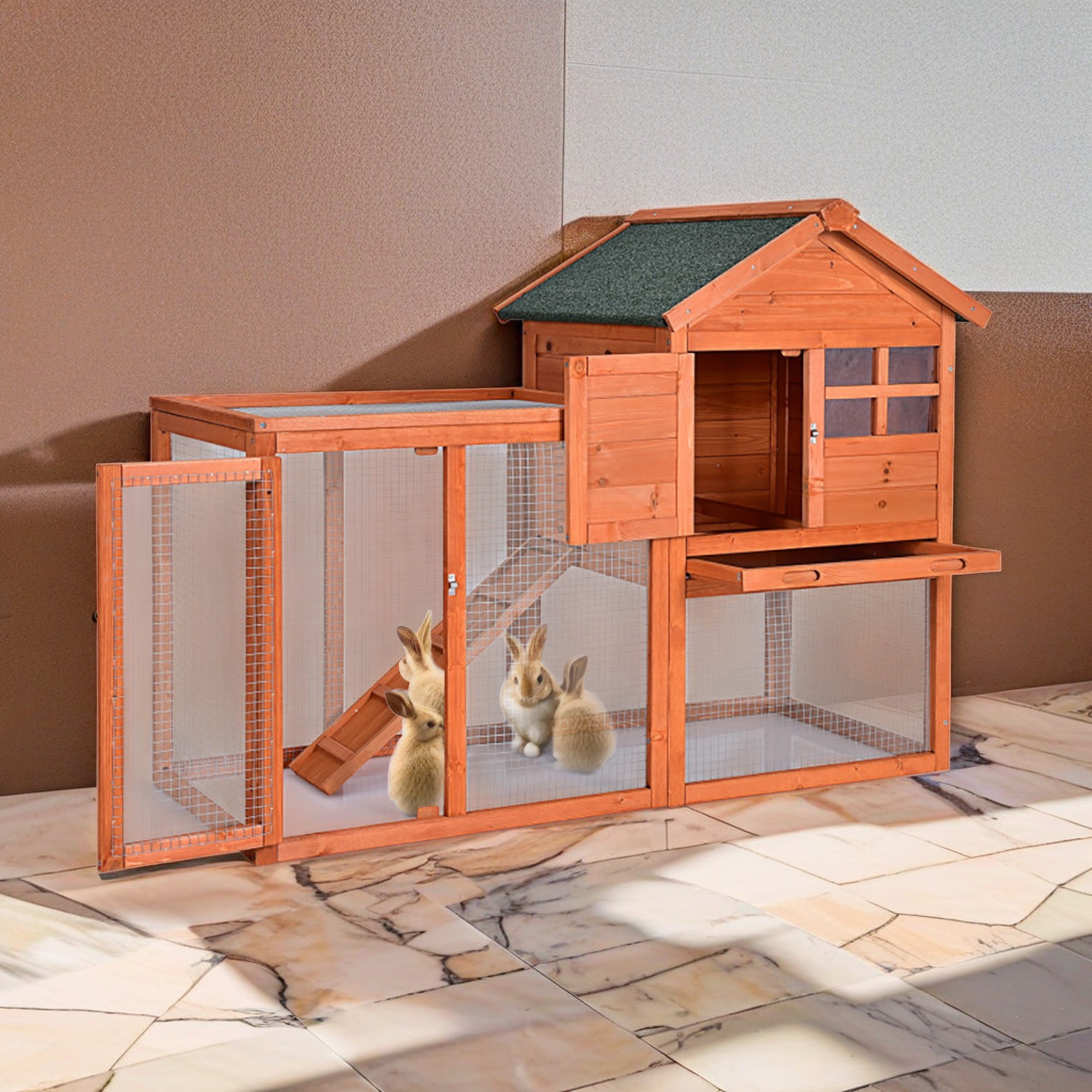 Kadyn 48" Wood 2 Tier Chicken Coop Habitat, Rabbit Hutch for Outdoors, Indoor Guinea Pig Coop Pet House with Stairs, Orange