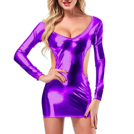 Yuhangmm Women Fashion Solid Sexy Lingerie Gold P Leather Long Seleeve Skirt Submissive Lingerie for Women Leather