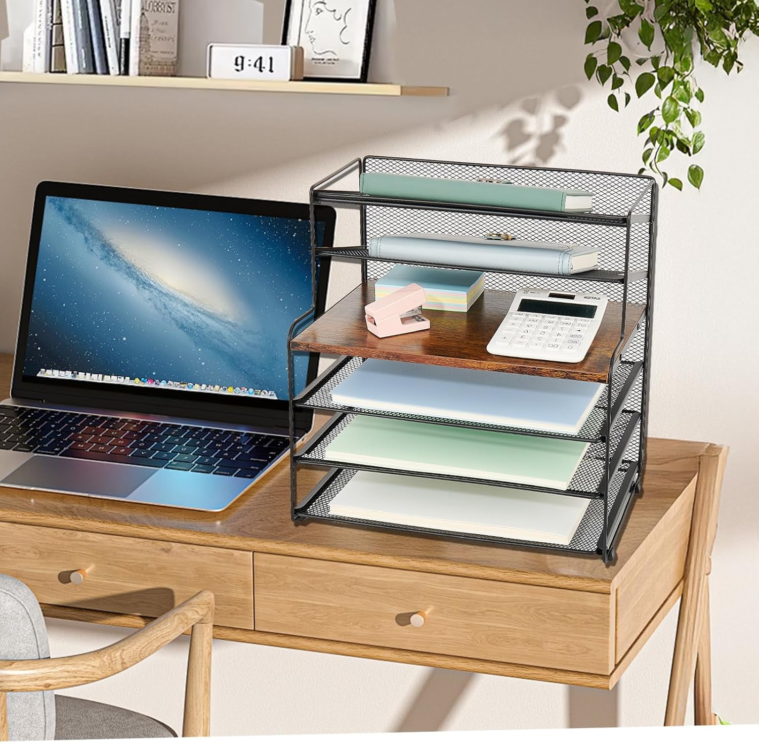 6-Tier Letter Tray Paper Organizer, Desk Organizers and Accessories, Desktop File Organizer, Office Desk Accessories for Office Supplies (Wood Brown)