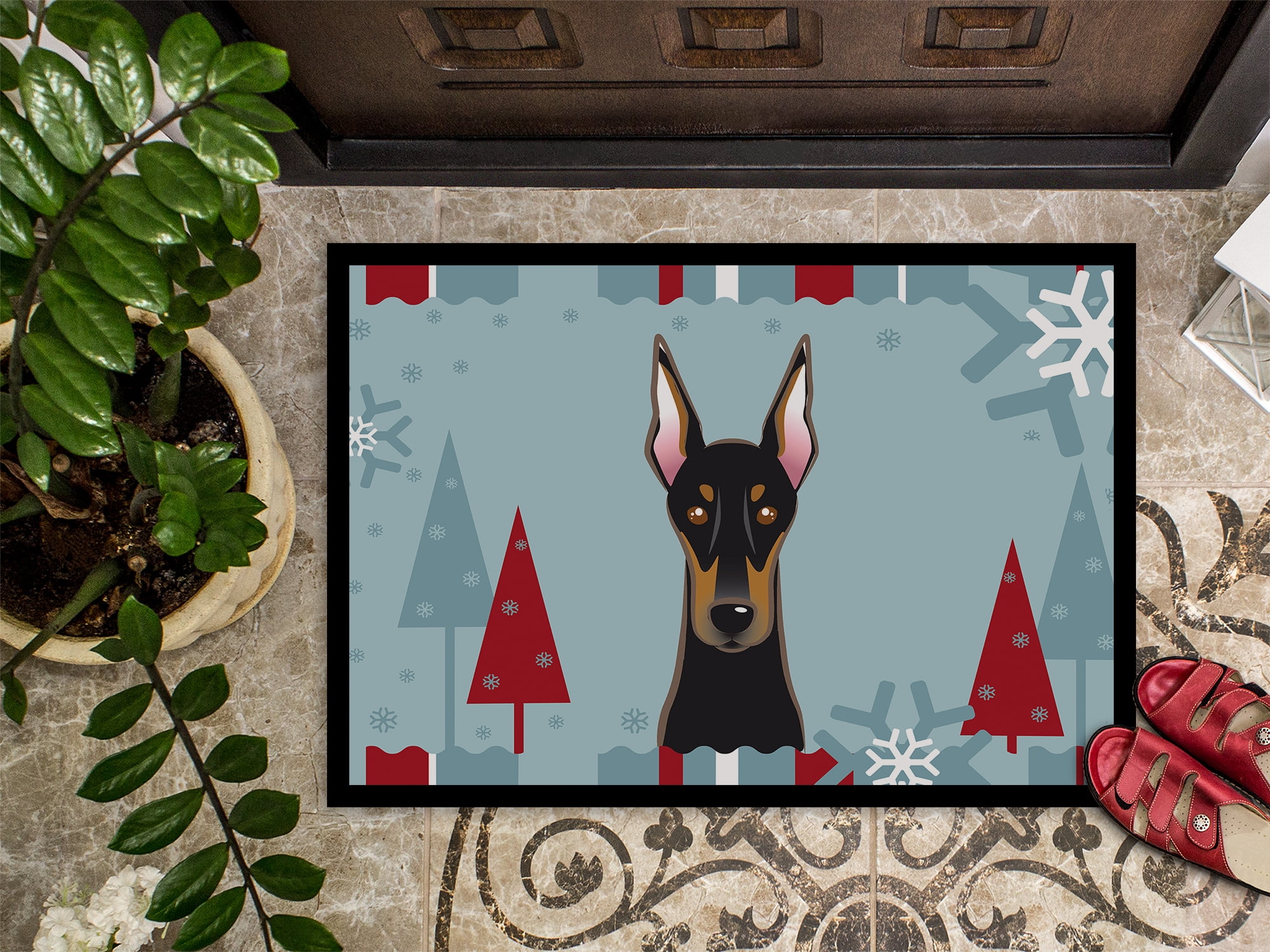 Winter Holiday Doberman Door Mat