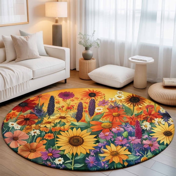 Small Round Rug 3Ft, Colorful Flowers Non-Slip Washable Circle Rugs Carpet, Farmhouse Sunflower Daisy Indoor Outdoor Rug Floor Mats Throw Runner for Bedroom Living Room Bathroom