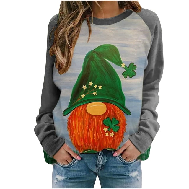Penkiiy T-Shirt Imprimé pour la Saint-Patrick pour Femmes, Col Rond, Manches Longues, Chandail en Molleton Imprimé, Blouse, Hauts 3TG Gris