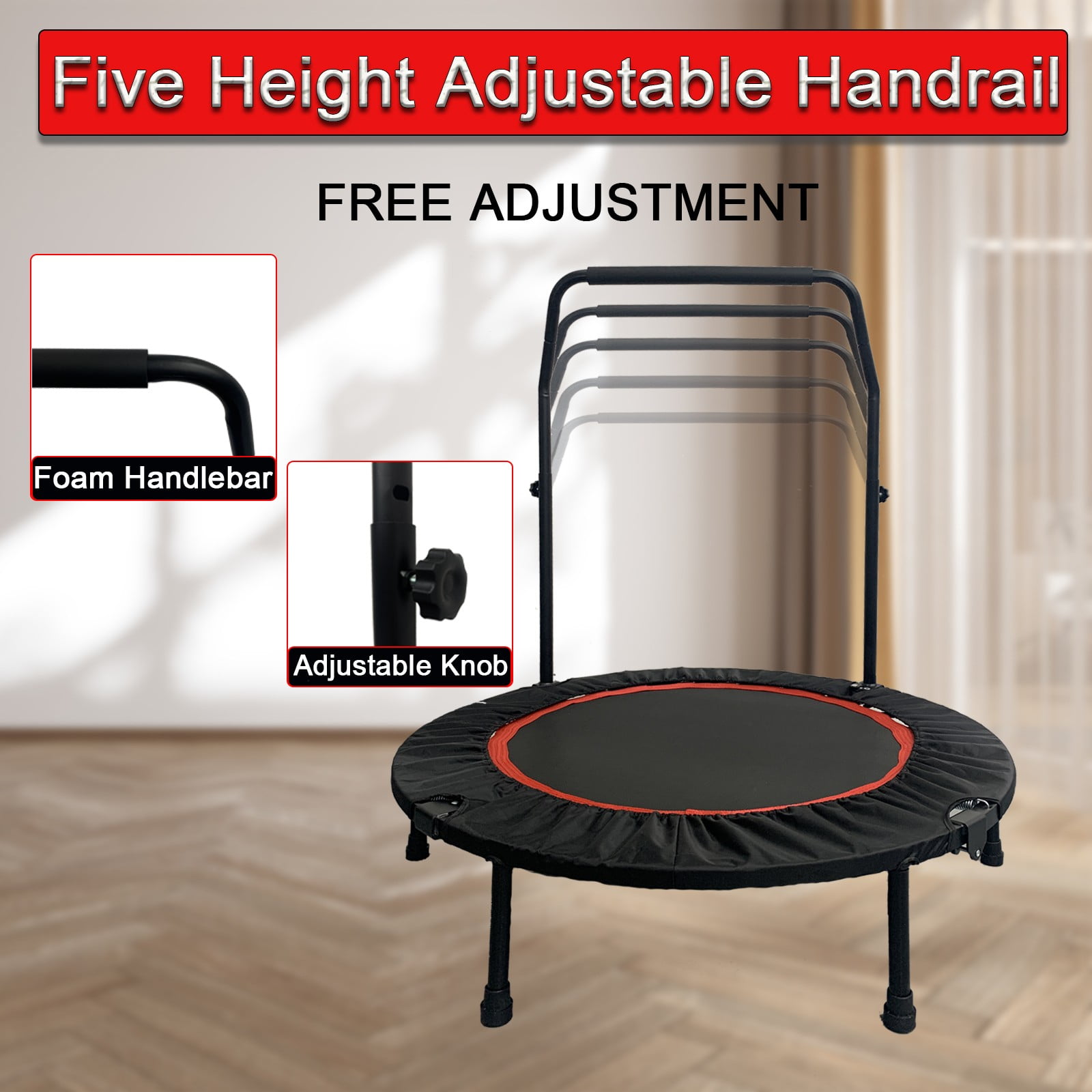 Jacgood 40" Foldable Rebounder Trampoline for Adults, 660 LBS Max Load Heavy Duty Fitness Trampoline with Adjustable Foam Handle, Mini Exercise Bounce Trainer for Home Gym, Indoor Outdoor Workout Equ
