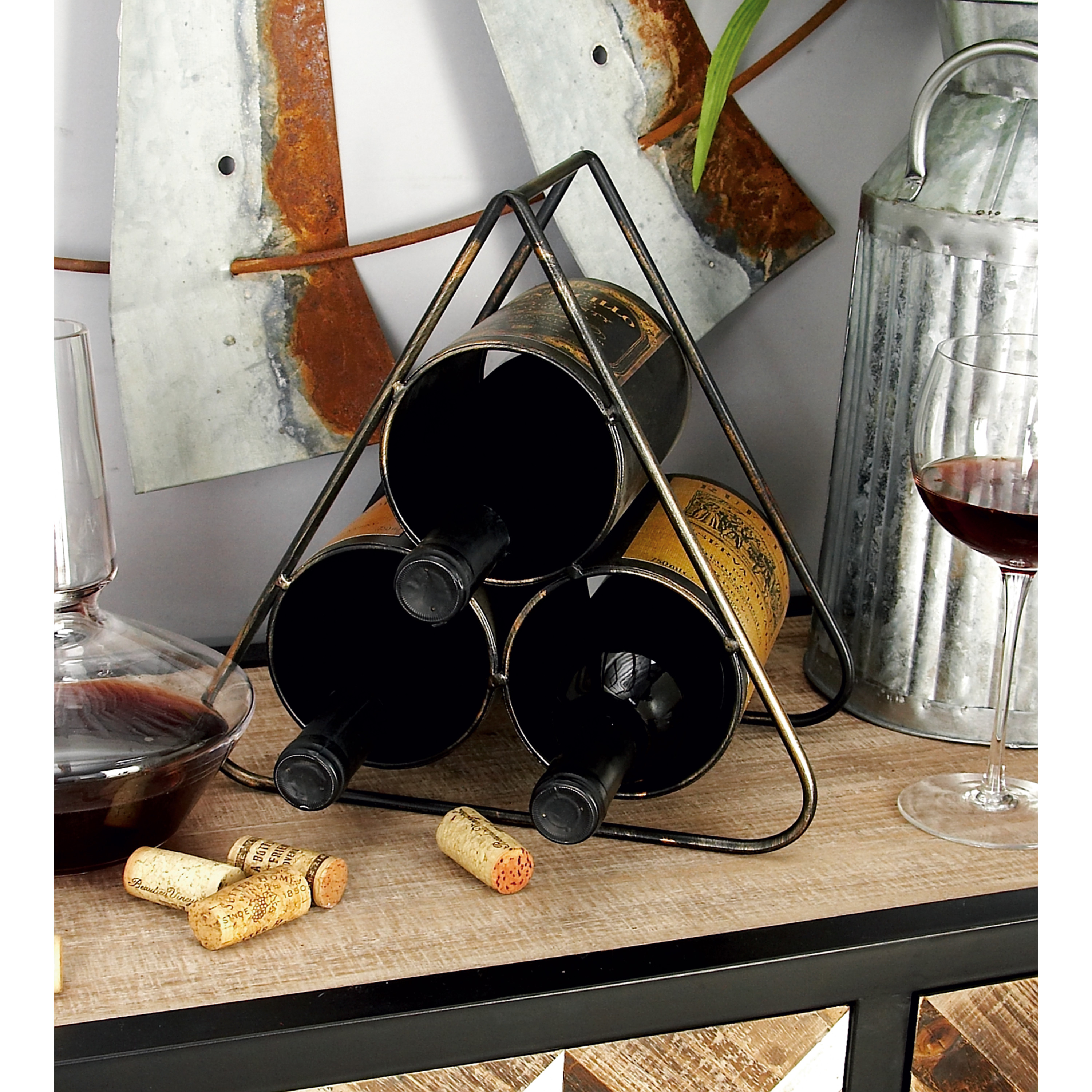 DecMode 11" x 10" Black Metal 3 Bottles Wine Rack, 1-Piece