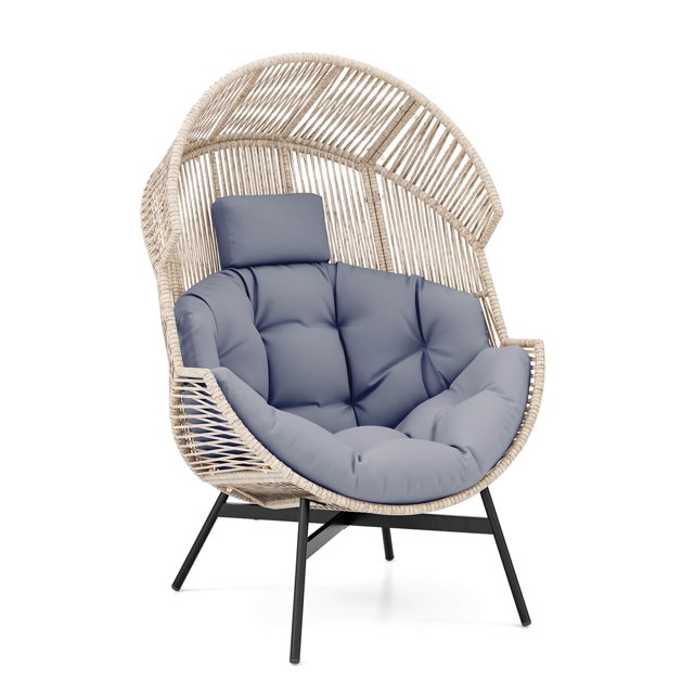 Costway Oversized Egg Style Chair with Cushions & Headrest Heavy-Duty Metal Frame for Yard Grey