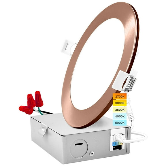 Luxrite 6 inch Ultra Thin LED Recessed Light with J-Box 12W 5 Color Options Dimmable 1000 Lumens Copper Trim