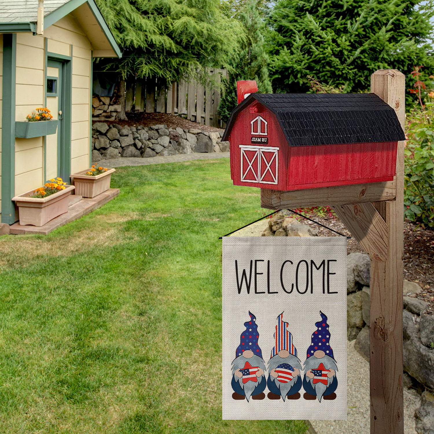 AVOIN Welcome Strip and Star American Flag Gnomes House Flag Double Sided 4th of July Patriotic Memorial Day Independence Day Yard Outdoor Decoration 28 x 40 Inch