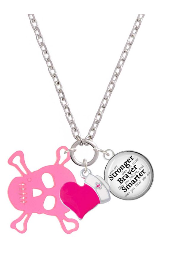Acrylic Large Pink Skull - Hot Pink Heart Nurse Strong Zoe Necklace