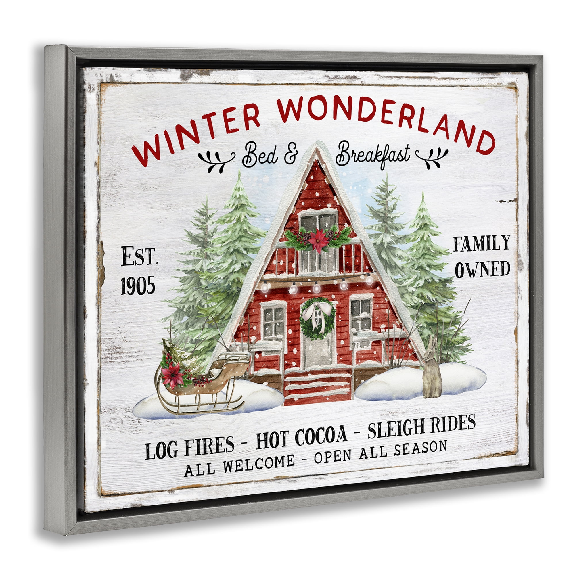 Stupell Industries Wonderland Christmas Cabin Holiday Painting Gray Floater Framed Canvas Art Prints Wall Art, 21 x 17