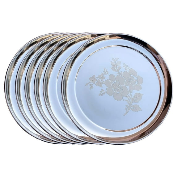 Stainless Steel Laser Design Dinner Plate Set Of 6, Silver - Full Size Plate With Floral Design, Diam. 29.5 Cm