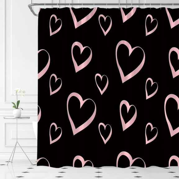 Valentine''s Day Shower Curtain Pink Heart Black Background Romantice Sweet Couple Fabric Bathroom Curtain Set with Hooks(70" Wx84 H)