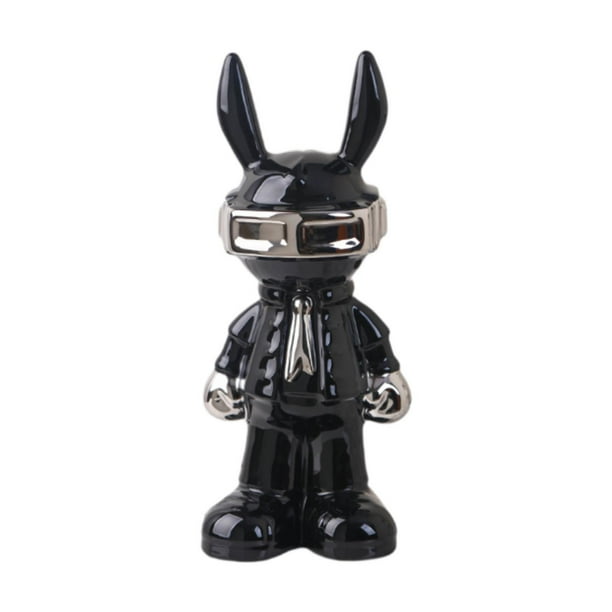 Figura de conejo astronauta coleccionable para estantería o entrada del dormitorio. Plata Negro