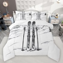 jejeloiu Winter Landscape Full Size Comforter Sets,Skiing Gamer Gmae Bedding Comforter Set,Gray Ski Snowboard Bedding Sets For Adults,Luxury Bedroom Decor Reversible,3pcs
