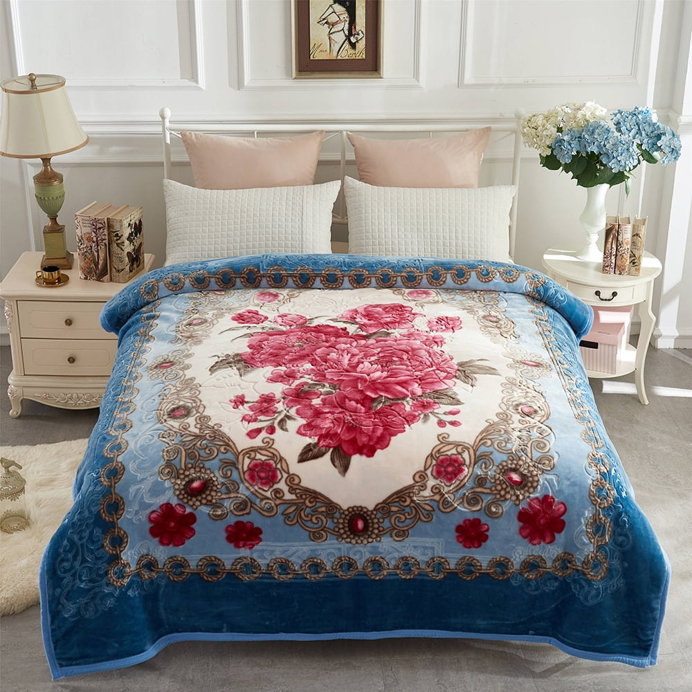 Soft Warm Middle Thick Plush Reversible Bed Blanket Blue Flower Printed Blanket Queen Size 75 x