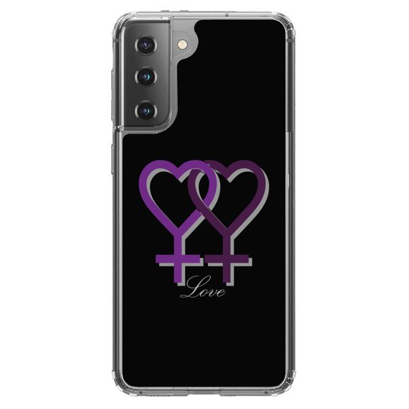 DistinctInk Clear Shockproof Hybrid Case for Galaxy S21  PLUS 5G (6.7" Screen) - TPU Bumper, Acrylic Back, Tempered Glass Screen Protector - Lesbian Purple Symbols Love - LGBTQ Support