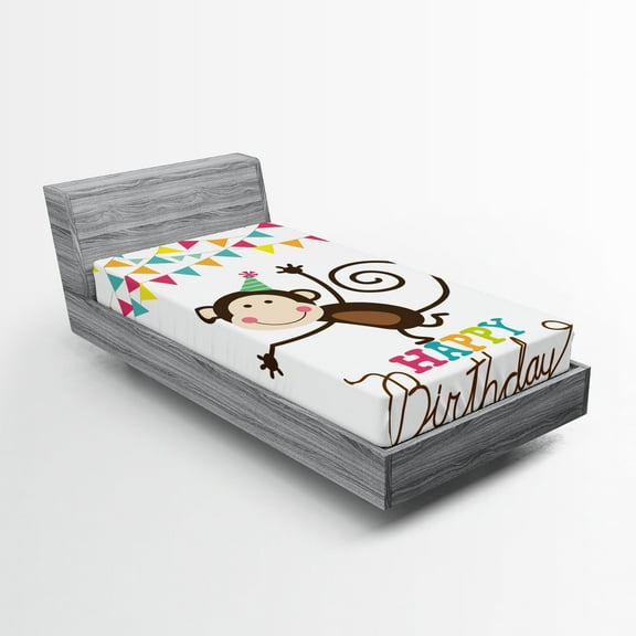 Ambesonne Birthday Fitted Sheet, Monkey Cone Flag, Twin XL Size, Multicolor