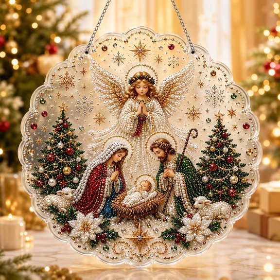Christmas Pearl Painting Suncatcher DIY Kit, Acrylic Hanging Diamond Art Ornament with Pearl and Rhinestone Details, Holiday Window Wall Decor Craft