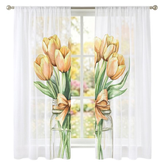 Rustic Tulip Sheer Curtains 63 inches Long, Vintage Watercolor Yellow Floral Green Leaf Plant Light Filtering Sheer Window Curtains Rod Pocket Voile Drapes for Bedroom Living Room, 2 Panels