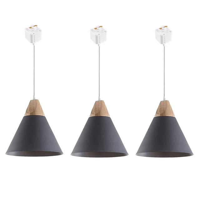 FSLiving J-Style Track Mount Pendant Fixture Scandinavian Style Pendant Lights for Kitchen Hanging Lamp Modern Wood and Aluminium Light Customizable,Grey - 3 Lights