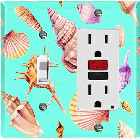 Metal Light Switch Wall Plate Outlet Cover (Colorful Sea Shells Pattern Teal - Single Toggle Single Rocker)