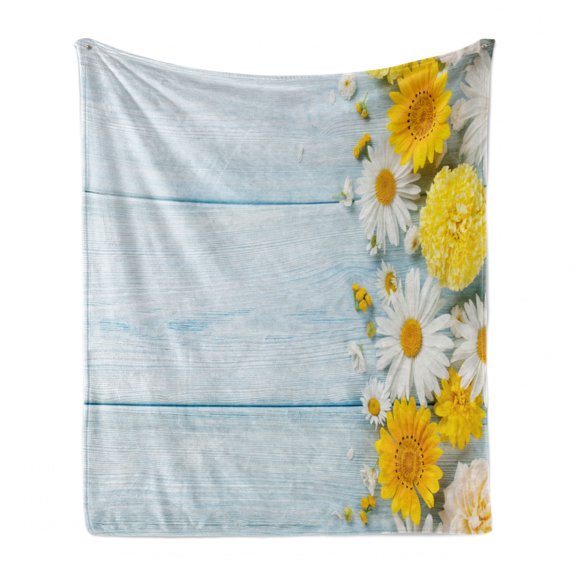 Yellow Flower Soft Flannel Fleece Blanket, Seasonal Garden Flowers on Blue Wooden Planks Rustic Arrangement Print, Cozy Plush for Indoor and Outdoor Use, 50" x 70", Yellow Pale Blue, by Ambesonne