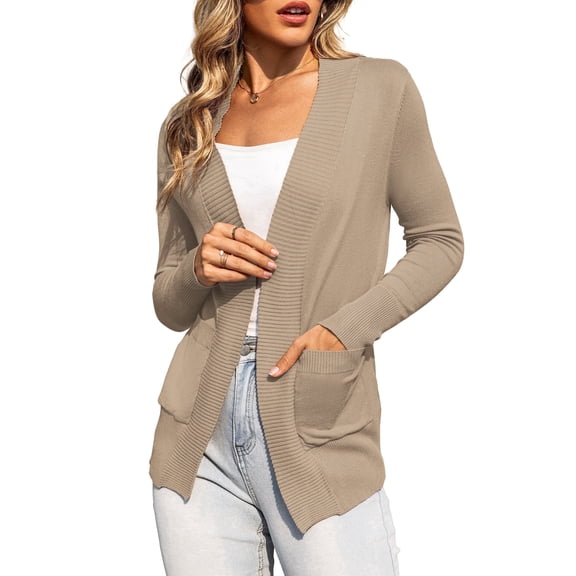 a.Jesdani Women's Cardigan Classic Casual Lightweight Knit Cardigan Sweaters with Pockets Camel Heather L