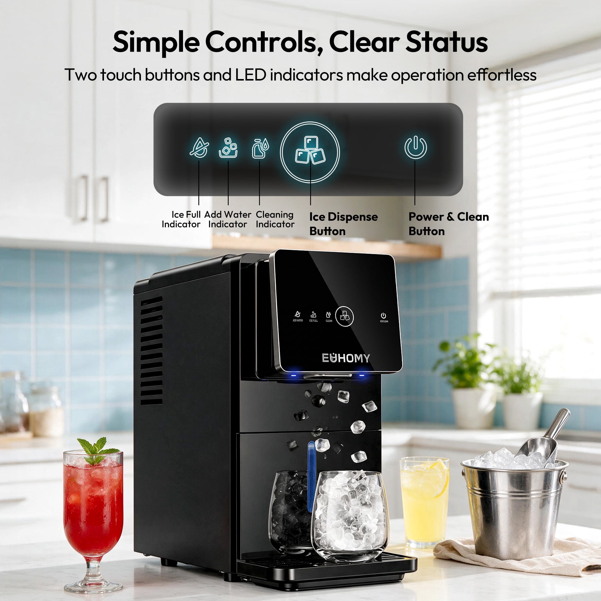 EUHOMY Countertop Nugget Ice Maker,40 lbs/24H，On-Demand Dispensing, Self-Cleaning with Drip Tray, Black