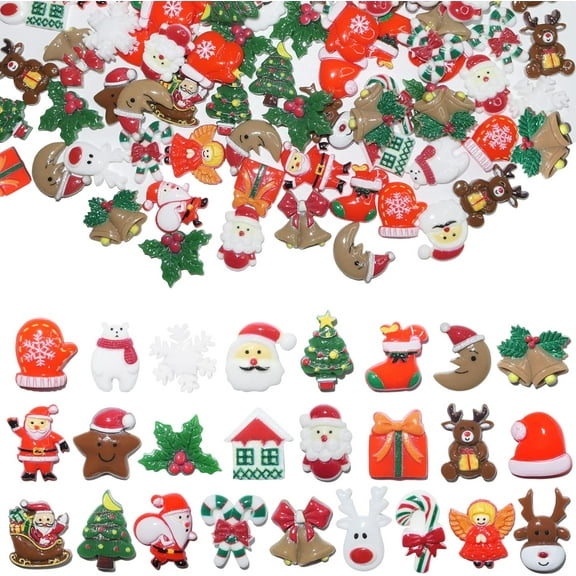 100 Pieces Christmas Resin Charms for Crafts Flatback Slime Charm Beads Supplies Mini Xmas Embellishments Crafts Decorations for DIY Scrapbooking Jewelry Cell Phone Case