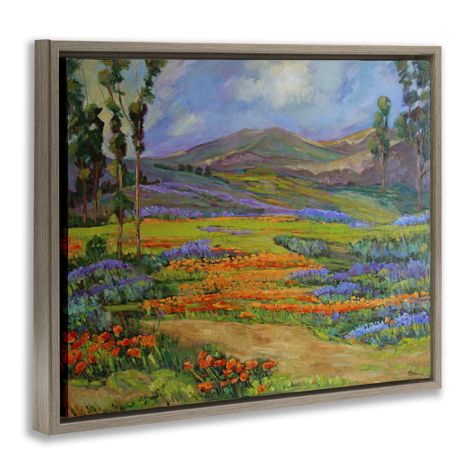 Stupell Industries Bountiful Meadow Landscape Landscape & Nature Painting Brown Floater Framed Canvas Art Print Wall Art, 21 x 17