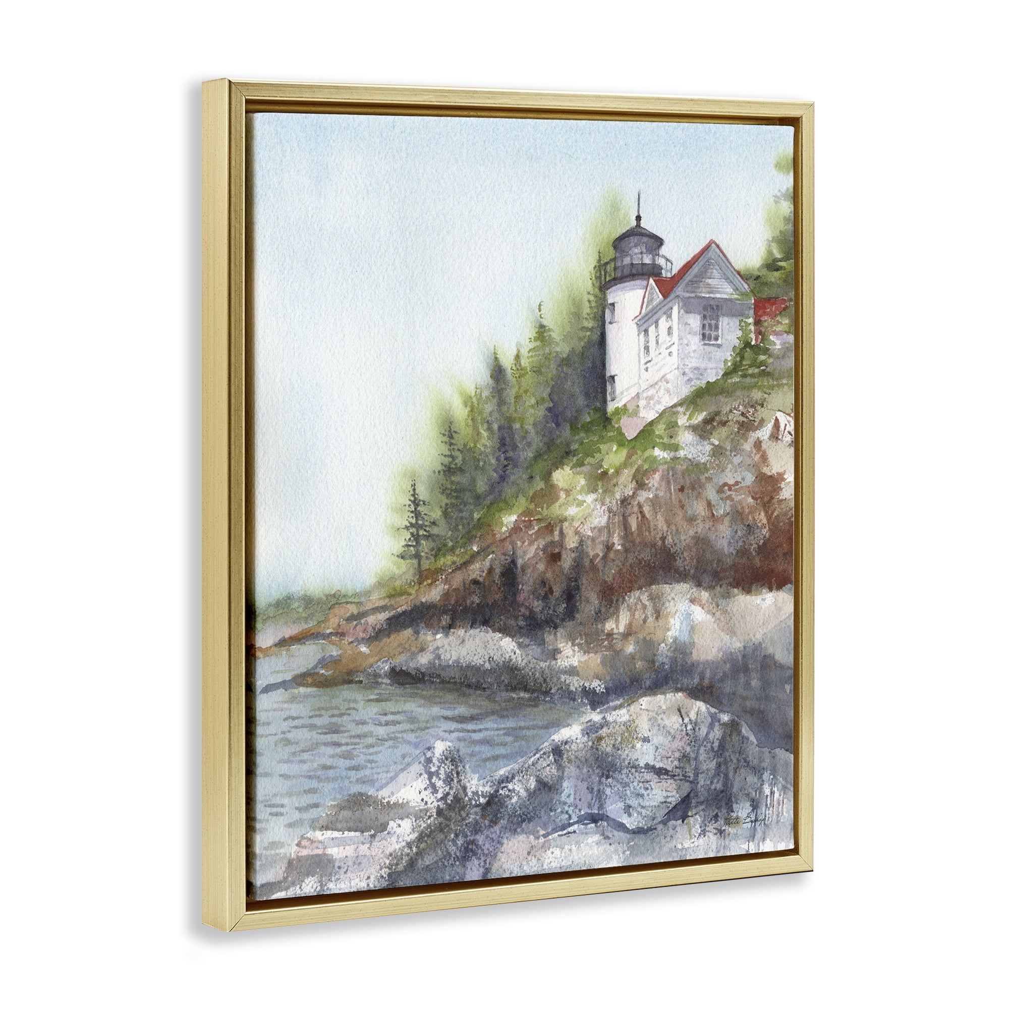 Stupell Industries Bass Harbor Lighthouse Gold Framed Floater Canvas Wall Art, design by Patti Bishop