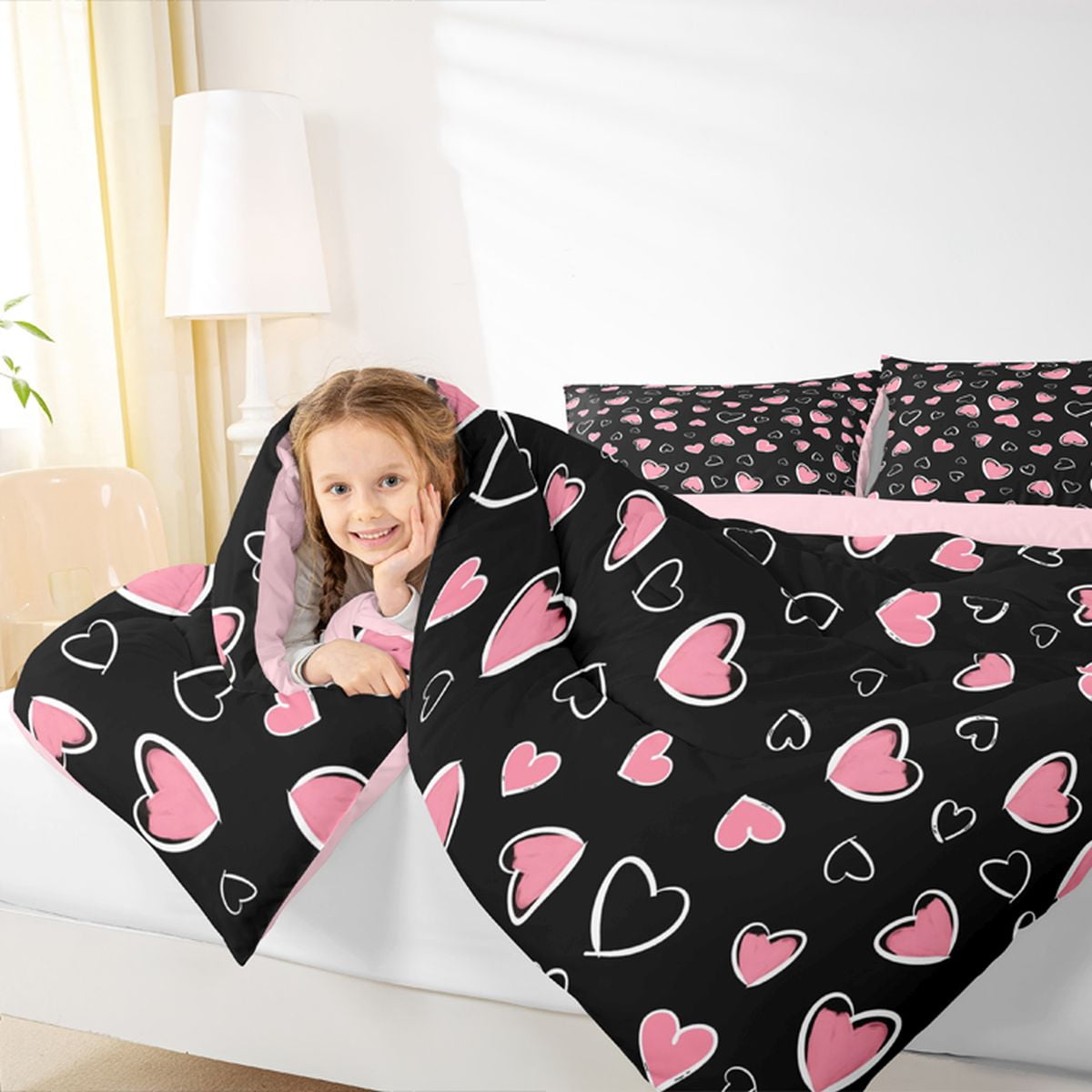 Feelyou Chic Love Heart Full Size Comforter Sets for Kid, Abstract Grey Bedding Comforter Set, Modern Fashion Cartoon Reversible Bedding Sets, Breathable Home Decor, 3-Piece