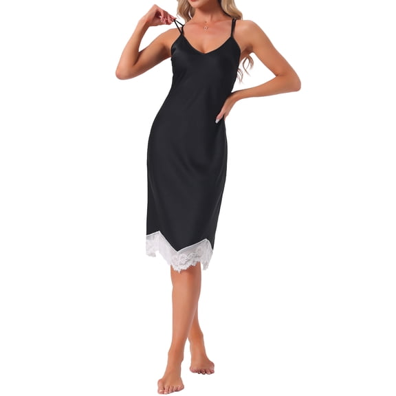 INSPIRE CHIC Women's Satin Nightgowns Lace Trim Cross Spaghetti Straps Camisole Nightshirt Lingerie Slip Silky Pajama Dress S Black